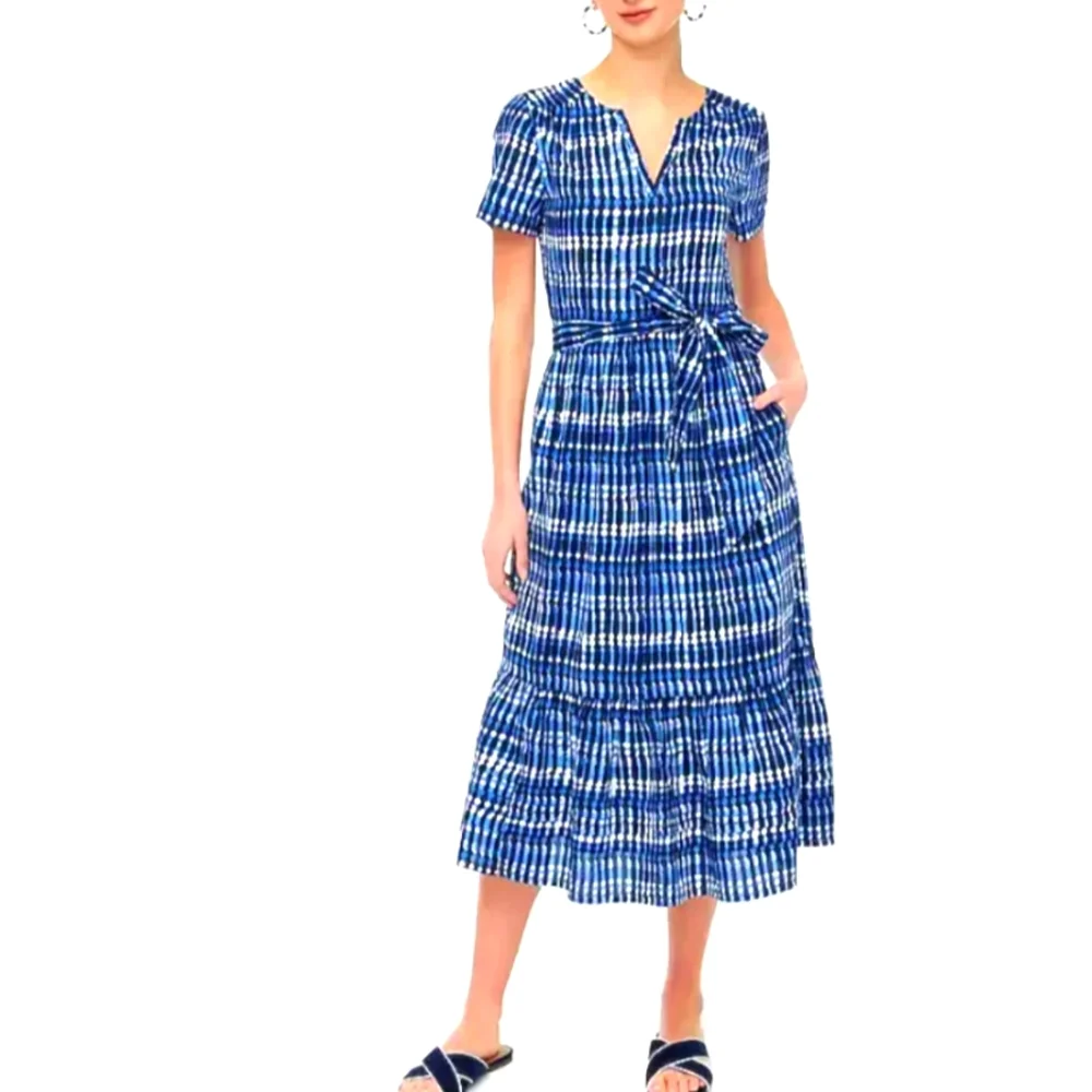 J Crew Factory Tie Dye Blue White Tiered Midi Dress 100% Cotton Pocket Sz 6 Belt - Picture 1 of 16